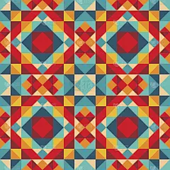 抽象几何背景-无缝矢量图案在红色，黄色和海蓝宝石的颜色。放荡不羁的民族风格。马赛克装饰结构。地毯片段