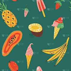 夏日水果和清爽甜点可爱隔绝无缝图案。卡通木瓜、菠萝、香蕉、橘子或葡萄柚、草莓和椰子、冰棒、冰淇淋蛋筒