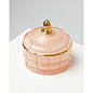 Peach Livia Glass Storage Pot Small : Inspired by art-deco opulence, the Peach Livia Glass Storage Pot pairs peachy pink glass with cut crystal-inspired detailing, and is finished with gold foil embellishments. Ideal for storing jewellery and other treasu