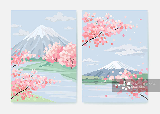 春天樱花景观背景。手画卡片，海报，横幅或...