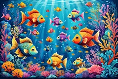 海鱼鱼群大海珊瑚礁鱼类插画图片