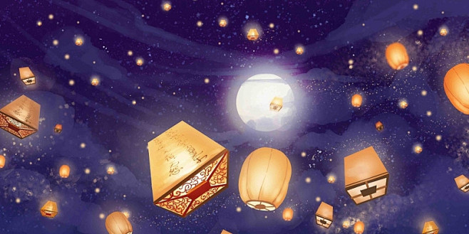 唯美仰视放天灯灯笼中元节天灯原创插画素材背景