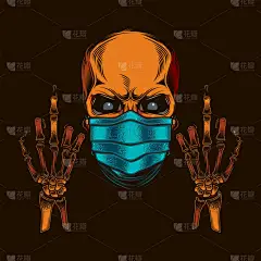 原始矢量插图的复古风格。头颅，头戴医用口罩，双手伸出中指。T恤衫的设计