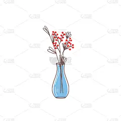 可爱的花瓶，有漂亮的树枝和浆果。手绘平面矢量插图。白色背景上有树枝的花束。