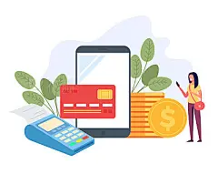 Woman character paying online purchases by terminal. E-commerce payment business concept. Vector flat cartoon design graphic isolated illustrationWoman character paying online purchases by terminal. E-commerce payment business concept. Vector flat cartoon