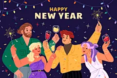 国外扁平卡通2024新年元旦跨年夜烟花庆祝人物插画ai矢量设计素材-淘宝网
