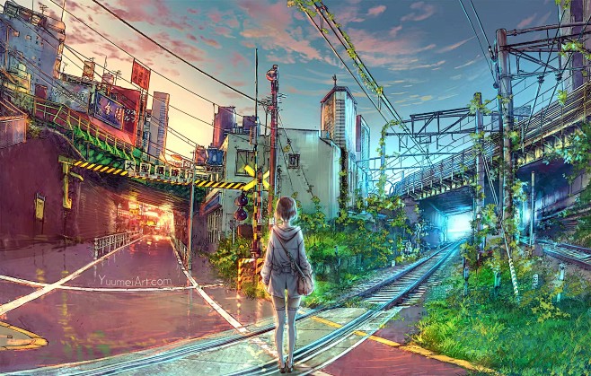 素锦底图分叉路口动漫少女两个世界