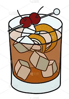 老卡雷经典鸡尾酒在岩石玻璃。以干邑和威士忌为基酒，配以橙汁和樱桃。时髦的手绘涂鸦卡通潮人风格矢量插图