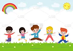 快乐的孩子们在公园里一起蹦蹦跳跳，孩子们一起活动，孩子们在操场上玩耍，模板为广告宣传册，你的文字，平