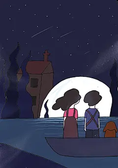 夜晚月色唯美情侣插画