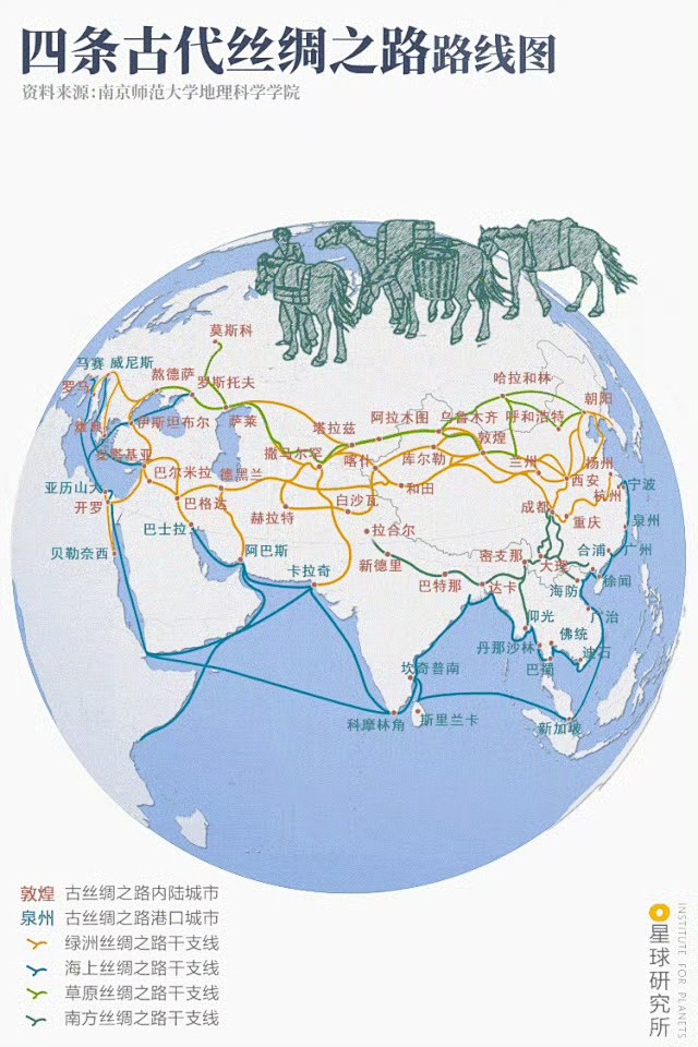 四条古代丝绸之路路线图