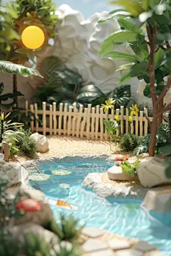 夏季泳池度假家庭泳池场景模型