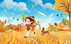 创意二十四节气立秋秋天季节传统节日儿童稻田儿手绘插画海报立秋秋天秋分插画