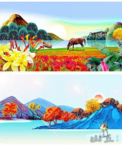 PSD手绘精美墙画背景风景客厅卧室河流山川湖泊自然美景装饰H1306