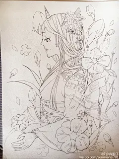 水彩画 手绘 插画 女孩 作者微博by 森眠子 小清新 少女心  花 童话 花花草草 步骤 教程 线稿 线条 水彩