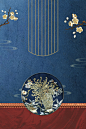 蓝色经典刺绣花纹海报背景设计