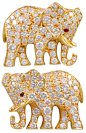 Cartier Diamond Elephant Earrings, circa 1960’s. Rare figural 18k gold elephant earrings signed and numbered Cartier. 5.50cts of full cut diamonds; faceted ruby eyes. Via 1stdibs.