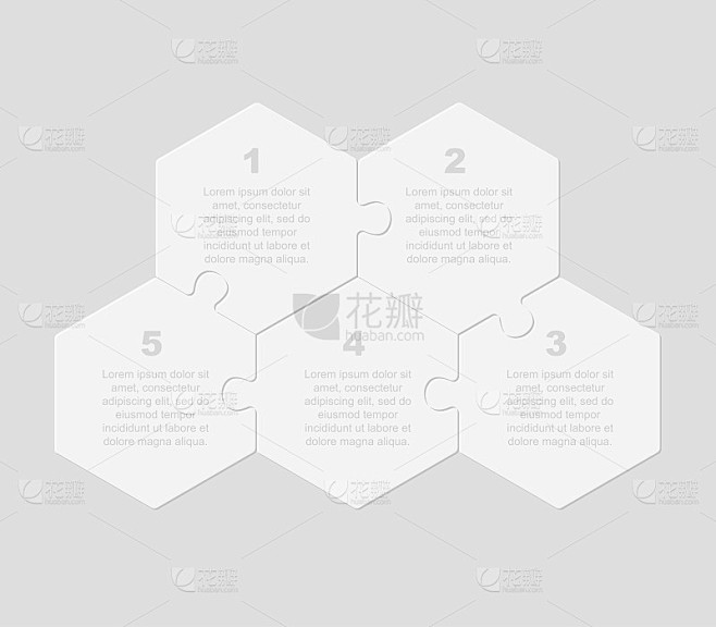 五块拼图六角形展示信息图。
