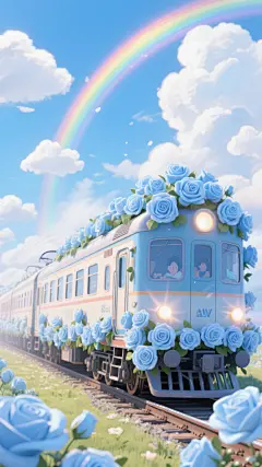 手绘蓝色花朵插画背景素材手绘列车