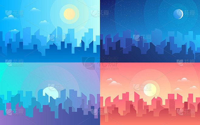 清晨、白天和夜晚的城市天际线景观，不同时间的城镇建筑和城市天空的城市景观。白天的城市。建筑剪影向量背