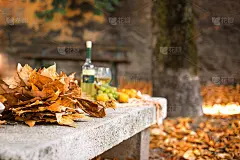 一瓶酒和两个杯子，在野餐的时候。秋天的树叶在花园里。街上的浪漫派对。文本的空闲空间。副本的空间。