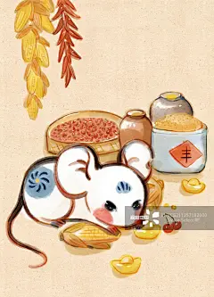 十二生肖子鼠水墨插画图片素材