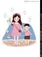 亲子插画母子海边