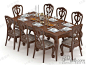 欧式棕色烤漆木质长方形餐桌雕刻心形印花软垫餐椅经典桌椅组合