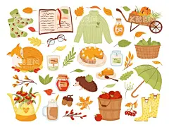 秋季丰收矢量卡通元素  - 源文件下载【酷图网】秋季丰收,矢量,卡通元素,秋季元素,卡通手绘,毛衣,狐狸,雨伞,落叶,啤酒,雨鞋,刺猬,苹果,蛋糕,园艺,书籍,矢量手绘,手绘元素,设计元素