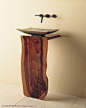 Wood L-Slab Pedestal and Bronze Zen Vessel from Stone Forest