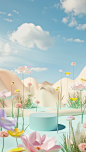 an artificial landscape with pretty spring flowers and desert sky, in the style of playful shapes, minimalist stage designs, sketchfab, subtle pastel hues, petrina hicks, soft focus lens, 3d