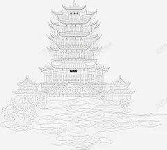 手绘线图仙境黄鹤楼 设计图片 免费下载 页面网页 平面电商 创意素材