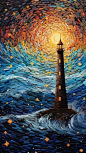 Beautiful Landscape oil painting masterpiece superimposed by paper art and paper quilling, coastal landscape, lighthouse, In the style of Beksinski and Leonid Afremov, starry Night, Pattern, mystical, Yaacov Agam