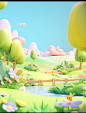 a colorful animation with a cartoonlike landscape landscape, in the style of flower and nature motifs, light yellow and light silver, bryce 3d, cute cartoonish designs, green, selective focus, childlike innocence and charm