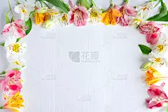 插花贺卡的框架。木制背景上有天然星形花的横幅。文字框架与星形花。平躺，俯视图。