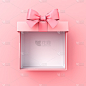 打开粉红色礼品盒或顶部视图的空白粉红色粉彩礼品盒系粉红色丝带和蝴蝶结孤立在粉红色粉彩彩色背景与阴影最