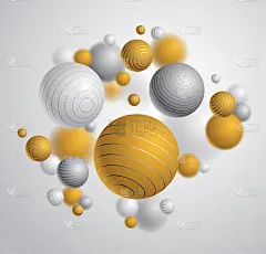 抽象球体矢量背景，组成飞行球装饰线，3D混合逼真的球体，逼真的景深效果。