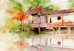涂鸦风景练习-画措_古风 ，水彩_涂鸦王国插画