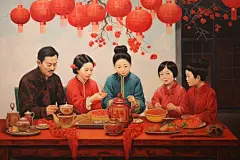 新年齐聚一堂人物油画图片