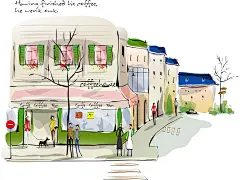 梦幻唯美欧洲复古小镇街道商店人物房屋建筑水彩手绘插画卡片
