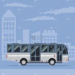 彩色海报城市景观与公交车交通工具