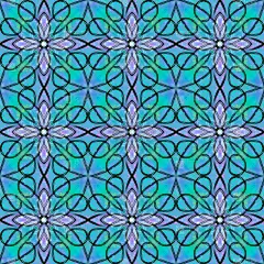 无缝隙的抽象几何花卉表面图案,色彩艳丽,对称形式横向和纵向重复.用于时装设计、家居装饰、壁纸和礼品包