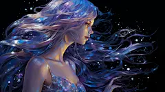 Long-haired beauty in liquid foil, holographic, flowing, transparent, curved colors, dark sky blue, light navy and violet, --aspect 16:9