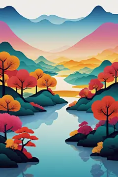 唯美国潮风扁平山水意境插画
