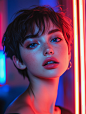 Gorgeous tomboy short haircut blue eyes cyberpunk neon ligh
