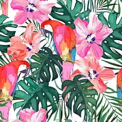 热带无缝模式。棕榈树离开, 花芙蓉和鹦鹉。手绘的向量例证。夏季背景