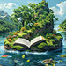 创意绿色草原河流小岛鲜花植物书籍阅读学习动画场景插图海报midjourney关键词咒语