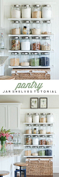 DIY Kitchen Jar Shelves Tutorial - These doubled her pantry space! Perfect kitchen organization.: 
