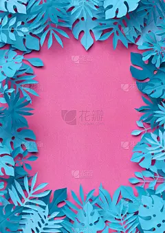 3d渲染，工艺纸热带树叶，粉蓝色花卉背景，方形框架，装饰树叶，野生丛林，植物墙纸，数字插图