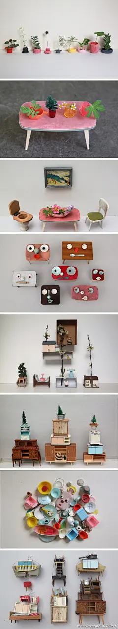 Sabine Timm是一个喜欢创造属于自己生活的插画艺术家。她将一些生活中小的小杂物、小玩意儿都集中在一起拼凑成了无数个MINI小家场景，可爱幽默的小世界，把我们带回到了儿时的感觉。